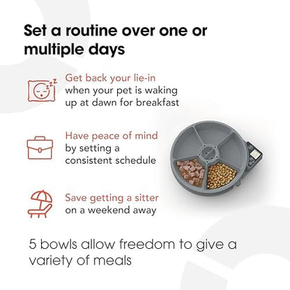 Cat Mate C500 Automatischer Futterautomat mit Digitalem Timer und 5 Näpfen – Für Katzen und Kleine Hunde, Nass- oder Trockenfutter, Inklusive Zwei Kühlakkus, 5 Mahlzeiten Bis zu 330 g Pro Stück, Weiß