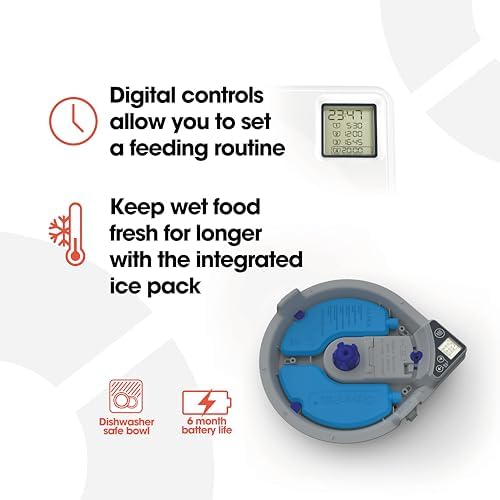 Cat Mate C500 Automatischer Futterautomat mit Digitalem Timer und 5 Näpfen – Für Katzen und Kleine Hunde, Nass- oder Trockenfutter, Inklusive Zwei Kühlakkus, 5 Mahlzeiten Bis zu 330 g Pro Stück, Weiß