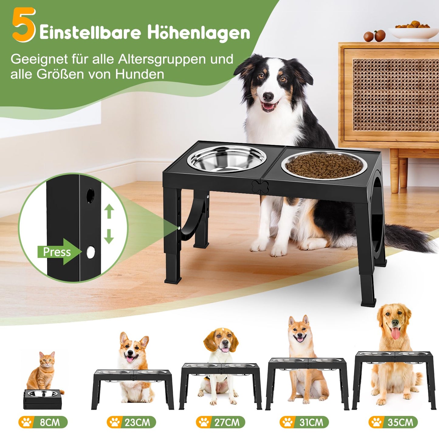 X XBEN Erhöhter Hundenapf, 5 Höhenverstellbar Futternapf für Kleine Mittlere Große Hunde, Futterstation 2 Große Eingedickte Edelstahlschalen, Rutschfester Hundenapf, BPA frei Plastik