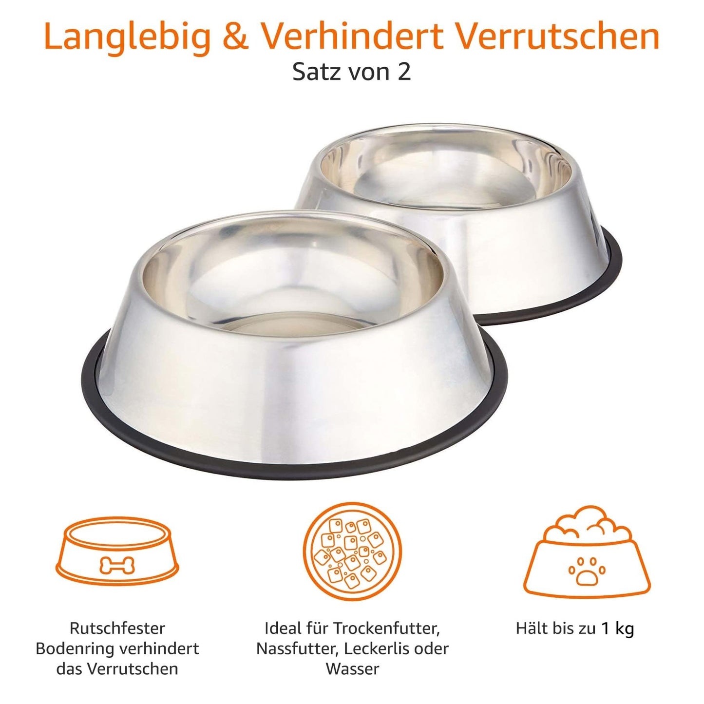 Amazon Basics Hundenapf, Edelstahl, 2 Stück, 946ml, Silberfarben