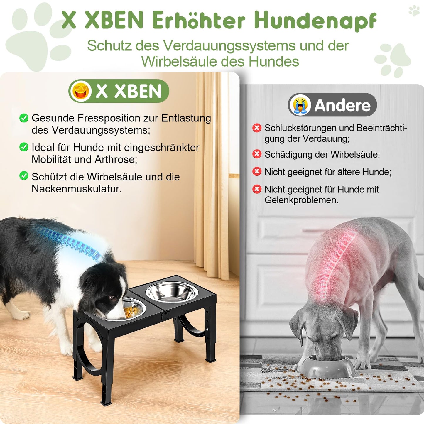 X XBEN Erhöhter Hundenapf, 5 Höhenverstellbar Futternapf für Kleine Mittlere Große Hunde, Futterstation 2 Große Eingedickte Edelstahlschalen, Rutschfester Hundenapf, BPA frei Plastik